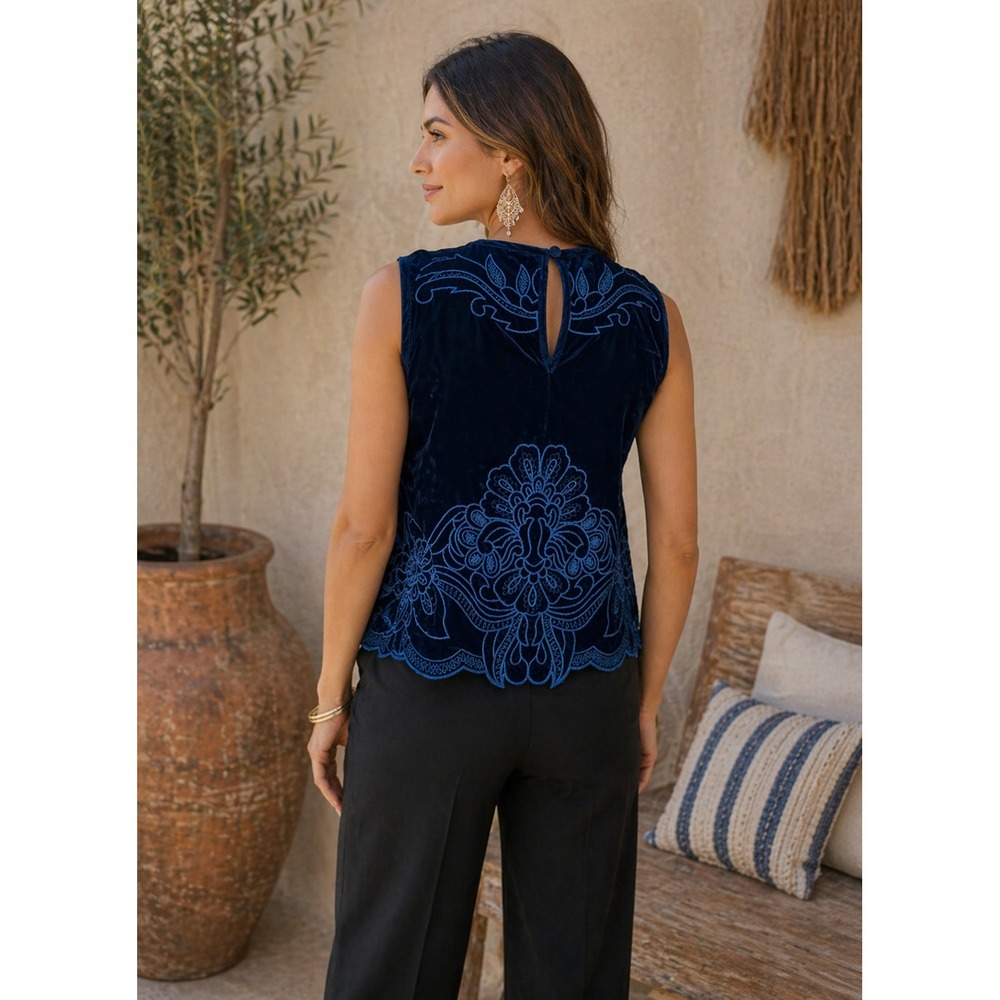 Anthropologie Lainie Sleeveless Velvet Lace Cutwork Blouse Blue Medium - Picture 2 of 11